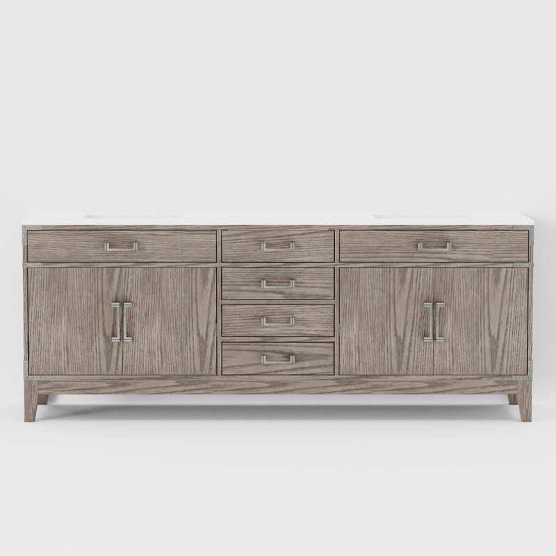 Plateau de meuble-lavabo double l 84 po x P 22 po Laurel, Chêne gris, Marbre de culture blanc