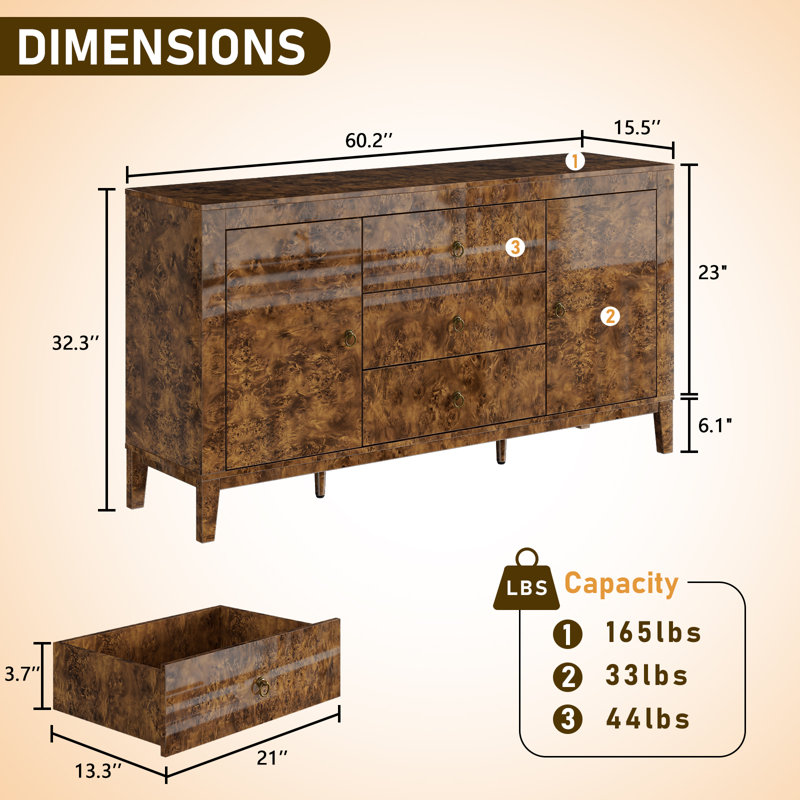 Adamarys High-Gloss Mid-Century Modern Sideboard, Brown