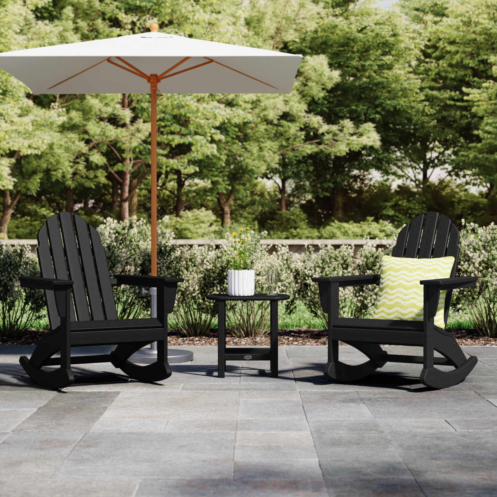 Vineyard 3-Piece Adirondack Rocking Chair Set with South Beach 18" Side Table, Black