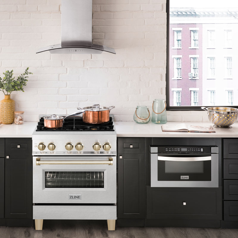 ZLINE Autograph 30" Legacy Dual Fuel Range in DuraSnow® Steel, Gold Satin Stainless Steel
