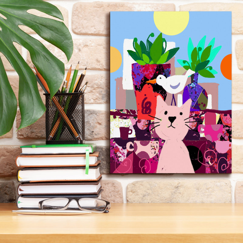 «Cat With Bird On Head» par Holly McGee, art mural sur toile, H 16 po x l 12 po x P 0,75 po