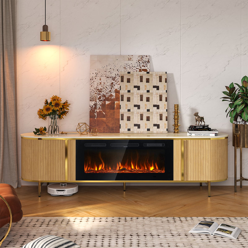 Luxury 70" Fluted Fireplace Tv Stand, Modern Entertainment Center For For Tvs Up To 80", Tv Console With Sliding Door And Faux Marble Top, Media Console For Living Room
