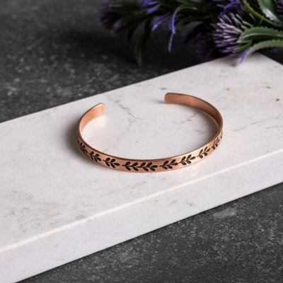 Engraved Leaf Pattern Solid Copper Cuff Bracelet