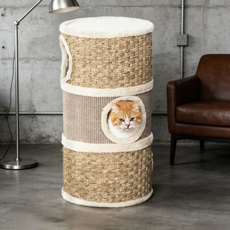 Tour pour chat d'intérieur avec trou au milieu ouvert, grattage doux, panneau de particules pour animaux de compagnie, porte de 6 po, deux pièces connectées pour chats de moins de 9 lb, coussin, doublure, fabrication de panneau de particules, hauteur de 27,5 po,