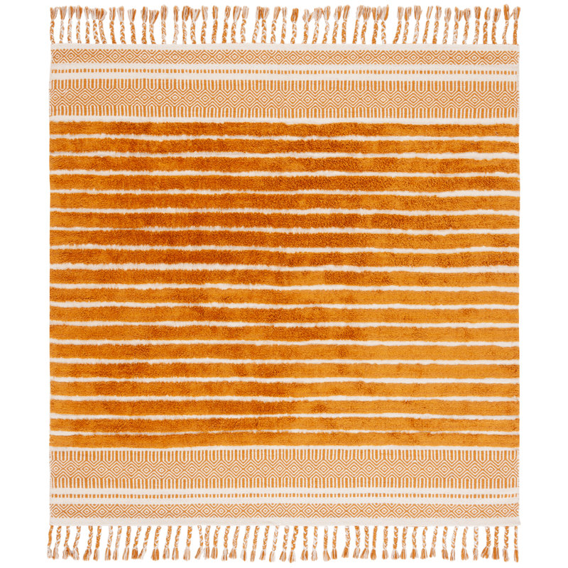 Lamarqus Hand Woven Cotton Pile Striped Rug, Square 6'
