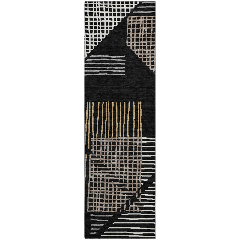Premium Machine Washable Mayfield AMF2270 Striped Rug, 2'3" x 7'6" Runner, Black