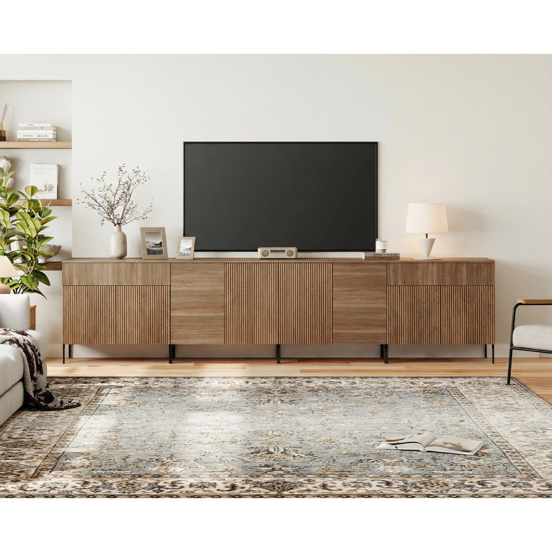 126" W Reeded TV Stand with Charging Station, Walnut