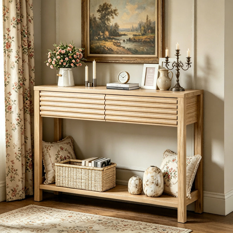 Console cannelée 39,4 "avec tiroirs, table d'entrée étroite avec tablette de rangement, Bois