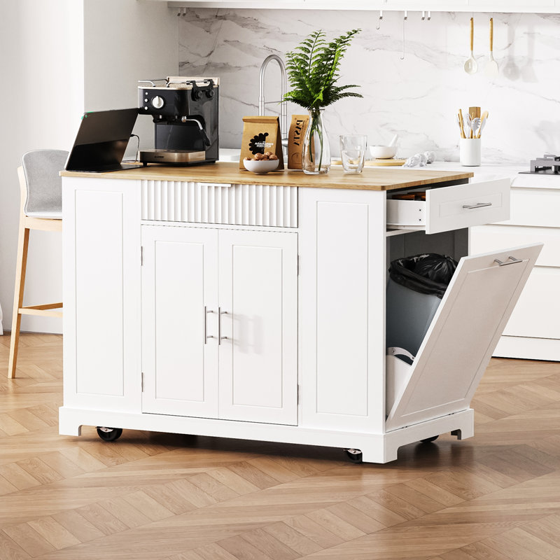 Kitchen Island With Trash Can Storage, Power Outlet, And Multiple Racks For Enhanced Organization And Convenience, White
