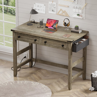 Small Desk With Power Outlets And USB,Rustic Farmhouse Computer Desk With Drawers & Side Storage,Writing Table For Home Office,Bedroom,Vanity by Millwood Pines