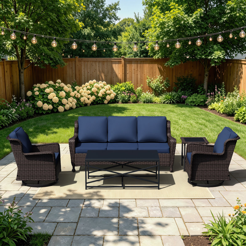Chaises pivotantes pour 5 personnes avec table basse et coussins bleus, Bleu