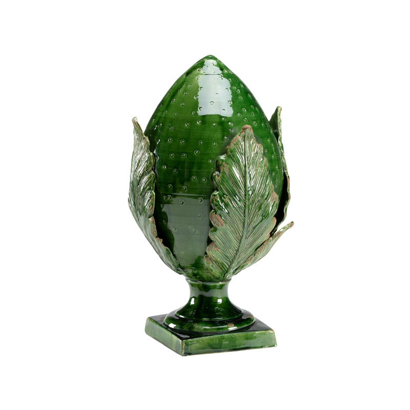 Sculpture artichaut, Glacis vert émeraude vieilli, H 17,5 po x l 10 po x P 10 po