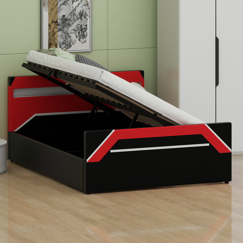 Lit de jeu de style Cyberpunk avec éclairage à DEL intégré, lit plateforme avec rangement à levage hydraulique, Black+Red