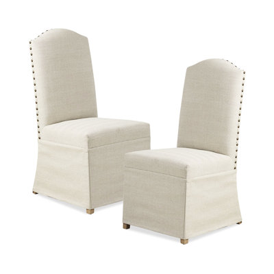 2 Beige Upholstered Dining Chairs With Skirts, High Back, Design, Bronze Nailhead Trim, Solid Wood Frame, 41 Of Upholstery, Accents, Legs, 41" Tall