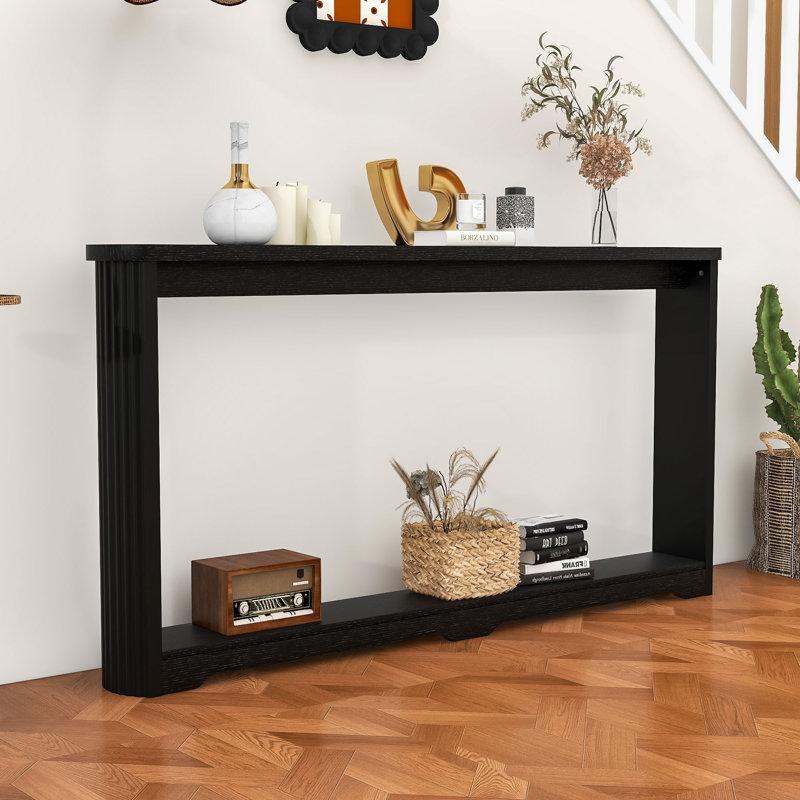 Narrow Wood Console Table with Corrugated Texture, Entryway Storage Table, Sofa Back Table, Black