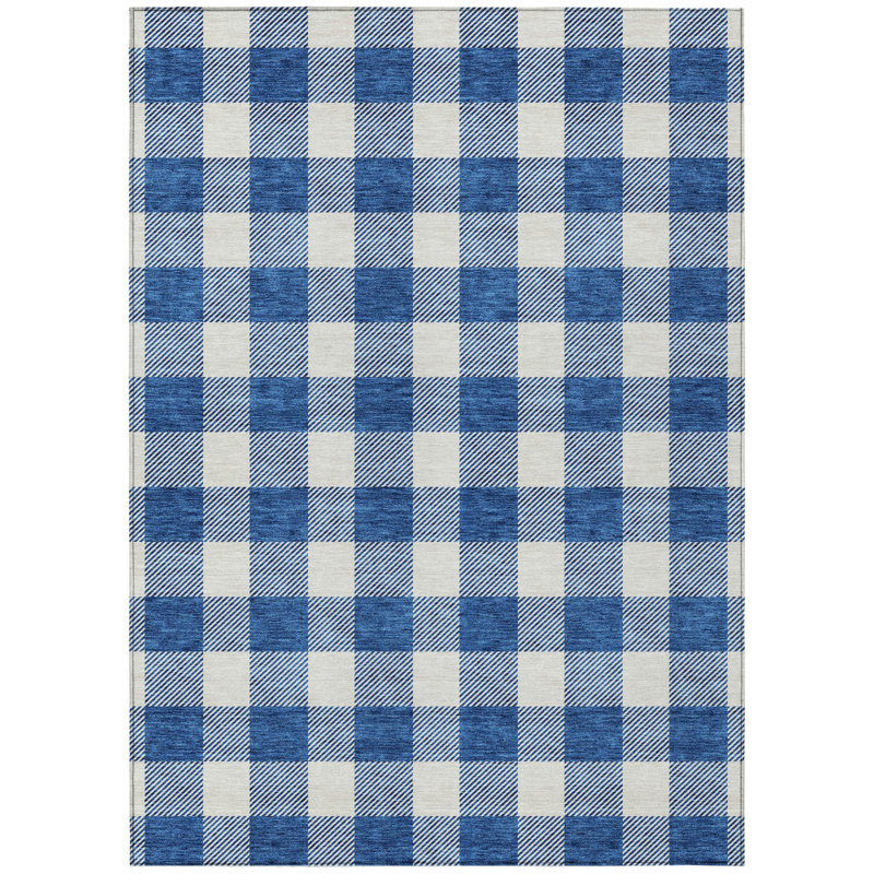 Tapis extérieur lavable à carreaux bleu marine et gris 10 pi x 14 pi