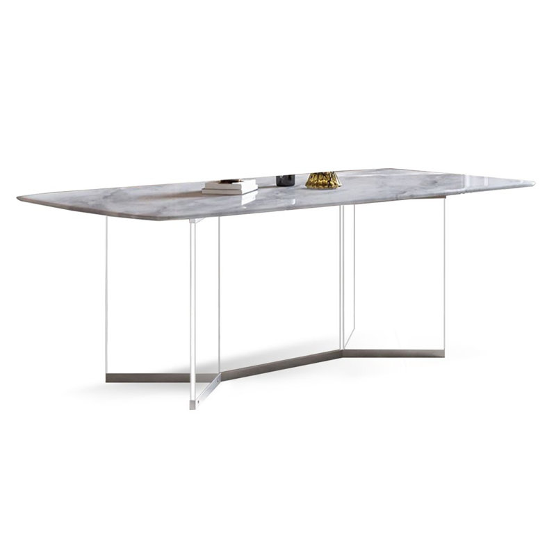 White Rectangular Marble Tabletop Dining Table, 29.53"H x 78.74"L x 39.37"W