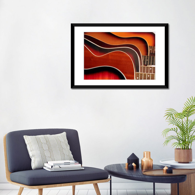 Guitare acoustique - impression, Papier beaux-arts encadré noir, Blanc, H 24 po x l 32 po x P 1 po