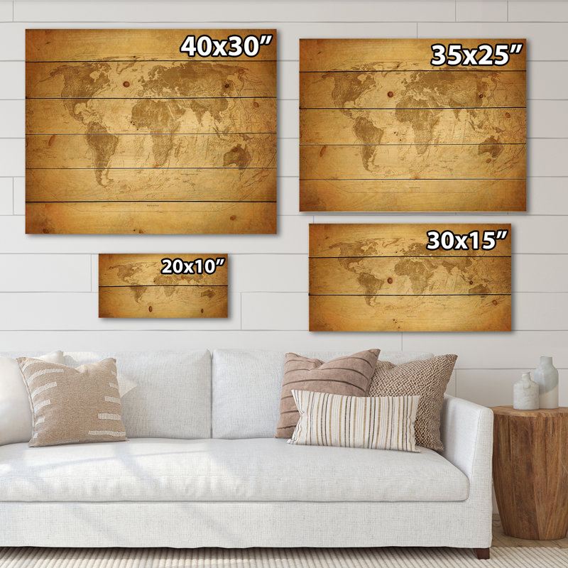 Ancienne carte du monde X - reproduction rétro sur bois de pin naturel, H 25 po x l 35 po x P 0,78 po