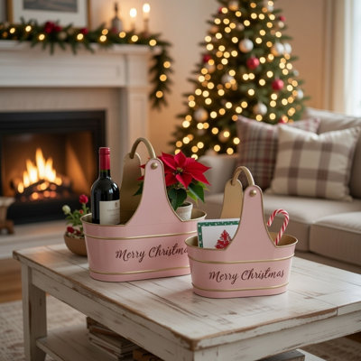 Limu Storage Basket Set Of 2, Gold Handles, Light Pink Merry Christmas