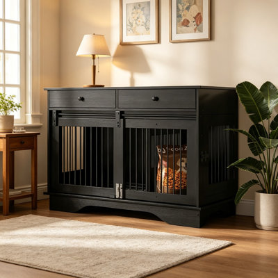 Cage pour chien avec porte coulissante de style grange, séparateur amovible et 2 tiroirs de rangement, niche intérieure en bois pour chiens de petite, moyenne et grande taille, noire