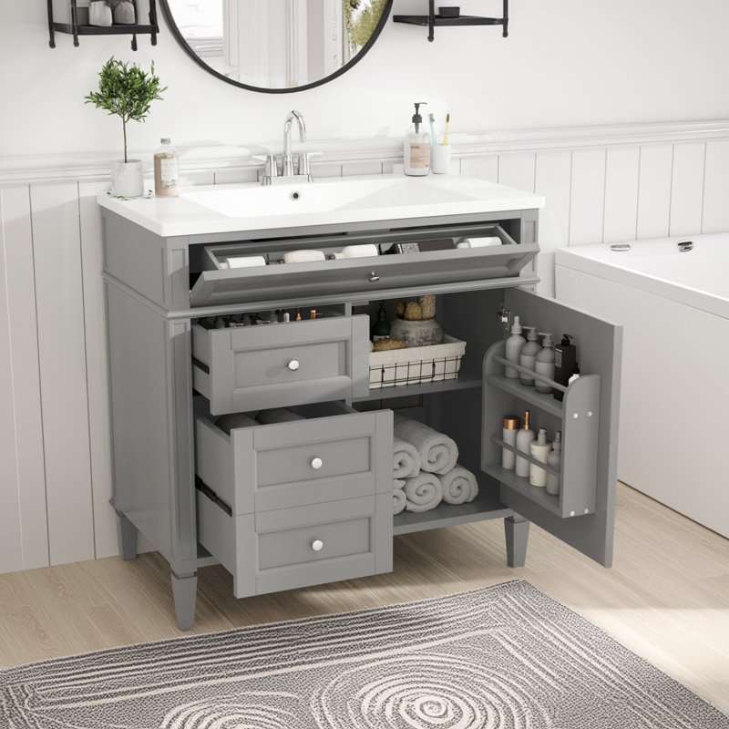 Meuble-lavabo de salle de bain avec lavabo supérieur, 2 tiroirs et un tiroir basculant, Gris