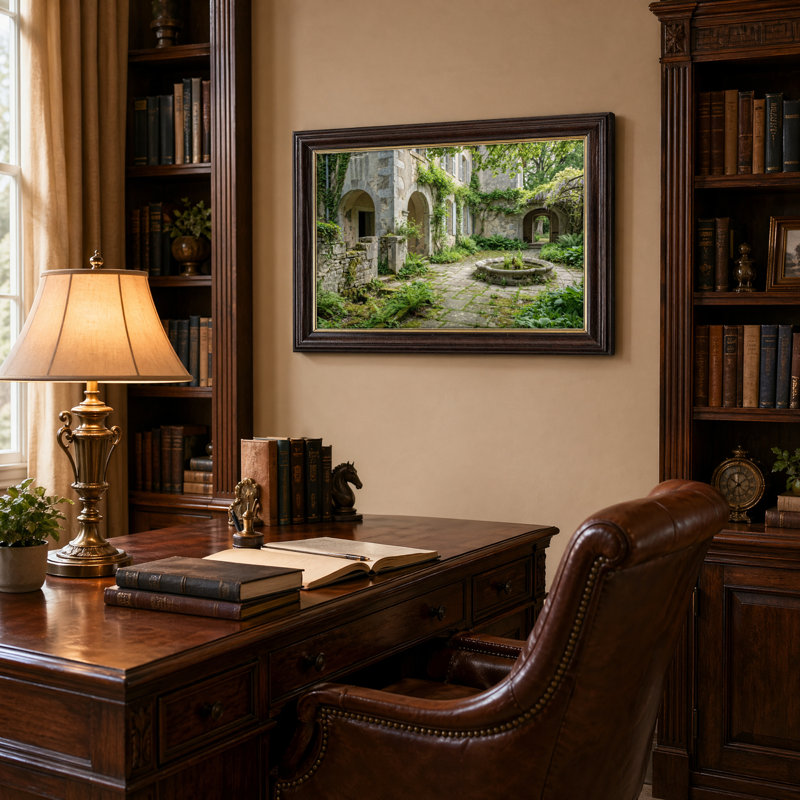 Art mural antique sur toile encadré doré pour le salon, la chambre à coucher, le bureau ou le vestibule - Décoration murale décorative avec jardin en pierre