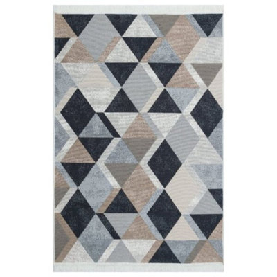 Tapis beige / noir / blanc rectangulaire en coton à motif géométrique fait à la main 2 pi 7 po x 4 pi 11 po