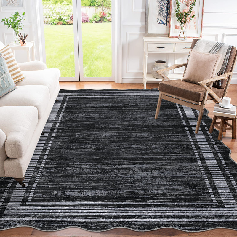 Striped Machine Printed Area Rug, Black, Rectangle 160 x 230 cm