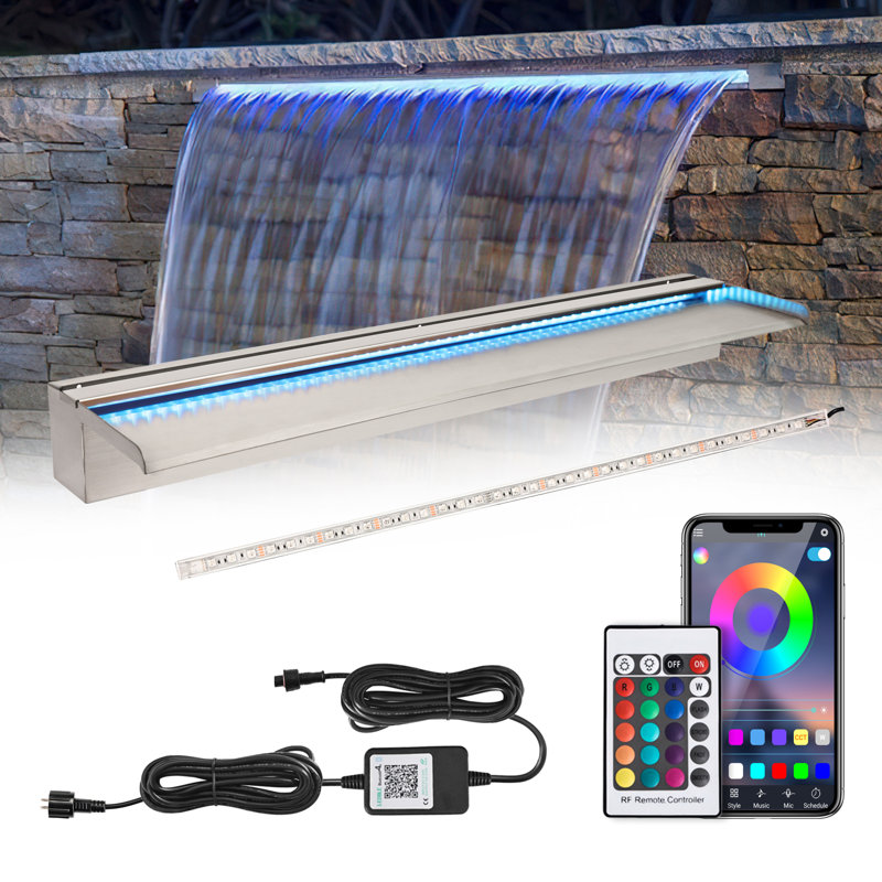 Outdoor Stainless Steel Waterfall Fountain with Lights, 36" H x 4" W x 3" D