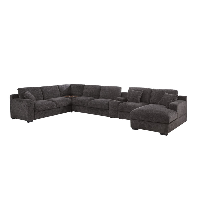 Modern Sofa Celine 141.5" Chenille Fabric Corner Sectional Sofa With Right-Facing Chaise, Cupholders, And Charging Ports