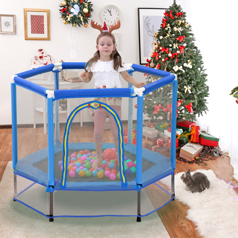 Trampoline avec filet de sécurité et balles, Bleu
