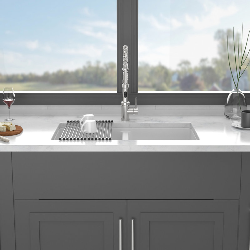 White Quartz 33X19" Double Bowl  50/50  Undermount Kitchen Sink, High - End, And Smooth, Package With Bottom Grid Installation Clips Granite Composite Sink In White, Quiet, Non Scratch, Easy To Wipe,