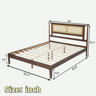 Wooden Platform Bed with Rattan Headboard and Sturdy Wooden Legs