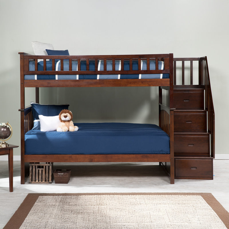 Flinn Kids Solid Wood Staircase Bunk Bed, Walnut, Full over Full