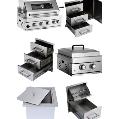 Gril extérieur 32 pouces intégré 60000 à quatre brûleurs, brûleur arrière infrarouge, tiroir de porte, glacière, outils de barbecue, éclairage halogène robuste, bac à graisse et tiroir de cuisine, outil,