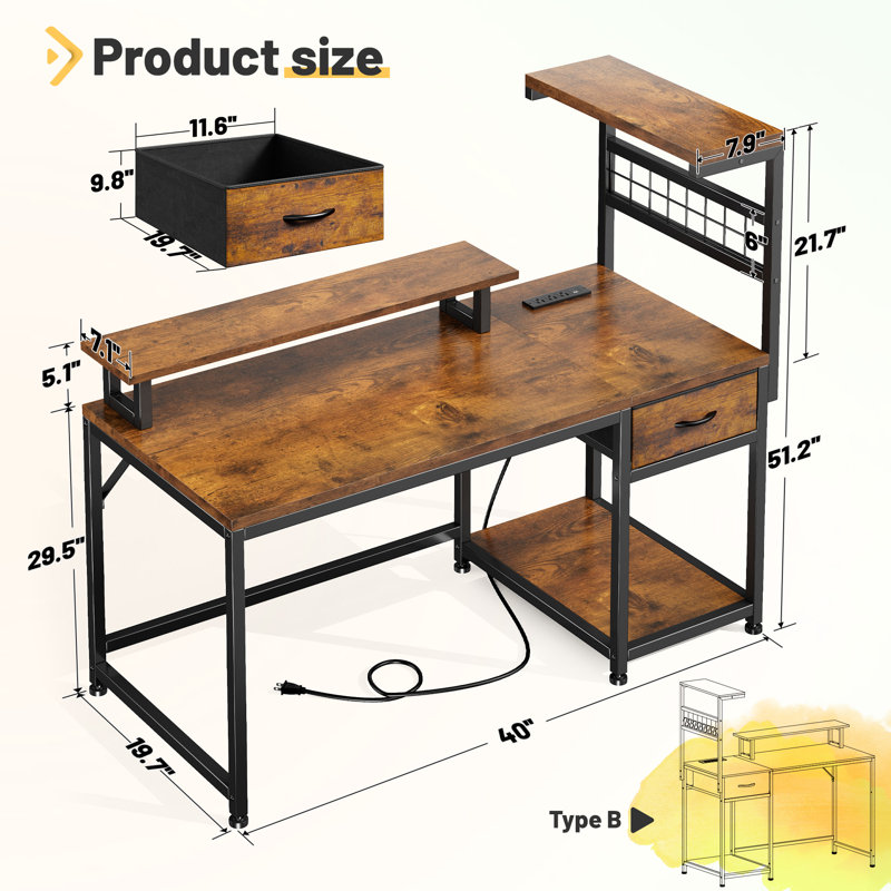 Computer Gaming Desk With Led Light & Drawers & Reversible Shelves, Brown/Black, 51.2" H x 40" W x 19.7" D