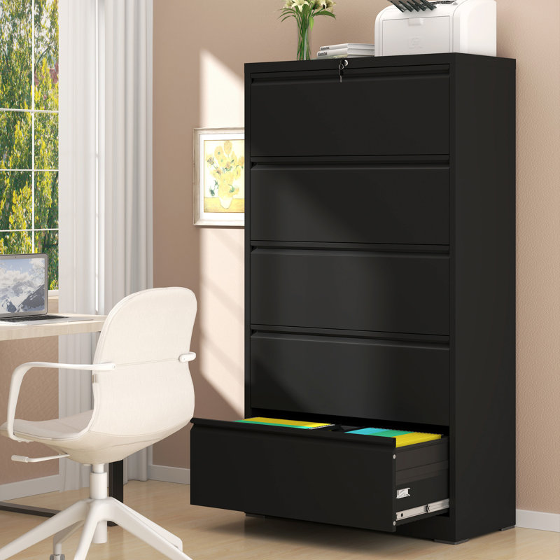 Classeurs latéraux en métal à 5 tiroirs de 64 po de hauteur avec verrou pour bureau à domicile Makafe, H 64 po, assemblage requis, noir