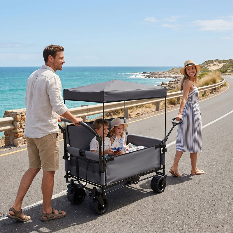 Chariot pliant robuste 3-en-1 avec auvent, siège de banc, capacité de 500 lb, roues tout-terrain, gris