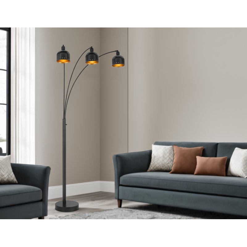 60W x 3, 3 way Ellington arc floor lamp with metal gold tone shades and heavy weighted base
