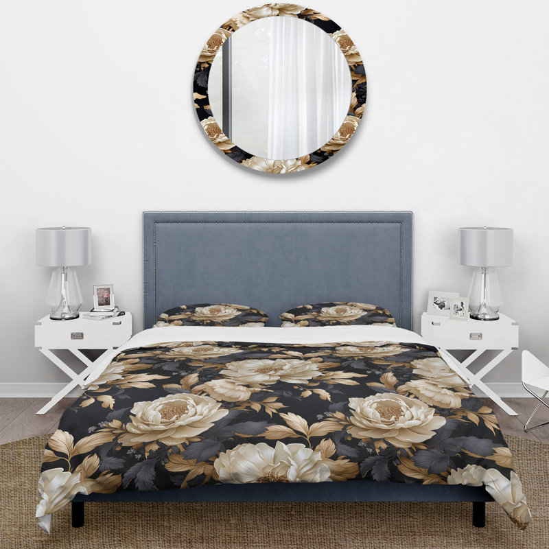 Ensemble de housse de couette à motif floral beige et noir, Housse de couette pour grand lit et 2 taies décor