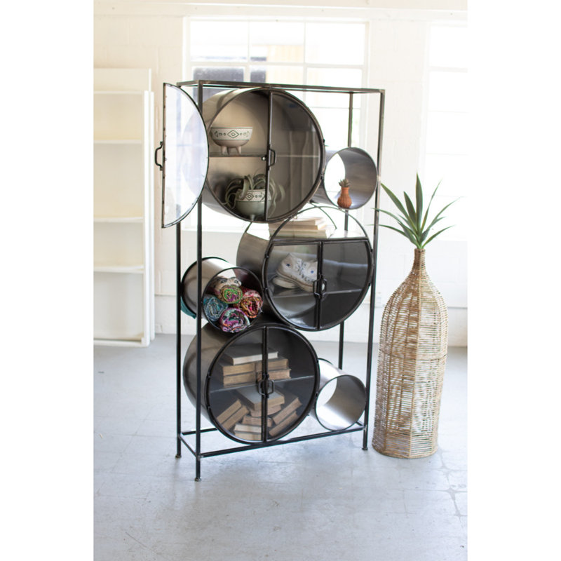 Modern Industrial Iron & Glass Circle Shelving Unit - Gray