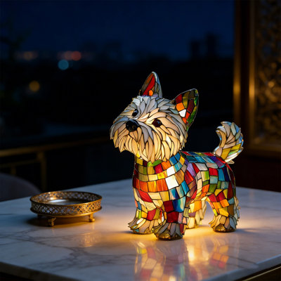 Lampe de table pour chien en verre coloré avec motifs en résine, veilleuse à DEL USB en forme d'arc-en-ciel, idéale pour la chambre ou le bureau. Cadeau décoratif parfait pour les amoureux des chiens et des animaux de compagnie. Convient également aux chats.