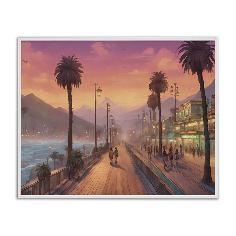 «Busy Tropical Boardwalk», art de la giclée encadrée par Noah Bay, Estampe numérique encadrée blanc bord de mer