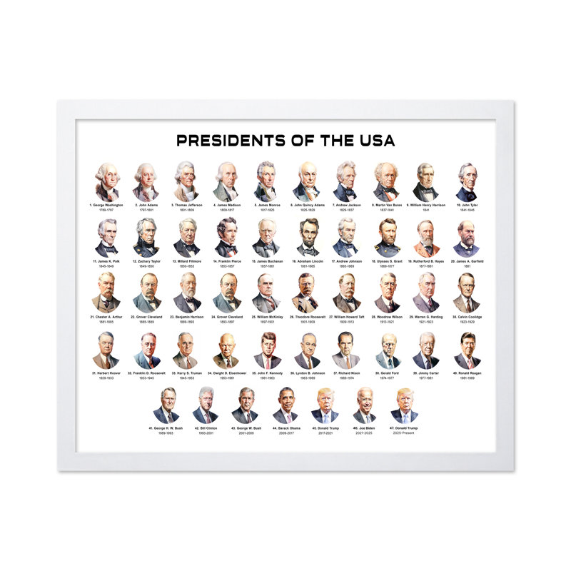 Présidents des États-Unis, H 12 po x l 16 po, Affiche, Encadrement blanc