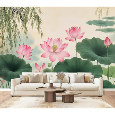 Peel and Stick Wallpaper 96" L x 69" W Modern Self Adhesive Wall Mural for Bedroom Serene Lotus Pond Green Leaves Bamboo Tranquil Watercolor Style