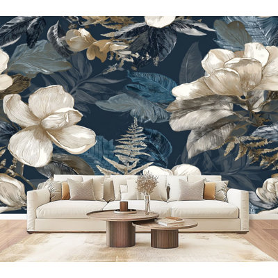 Papier peint auto-adhésif à motif floral botanique à fleurs crème et feuilles bleues foncées H 69 po x l 96 po, papier peint amovible en PVC autocollant pour chambre à coucher, bureau à domicile