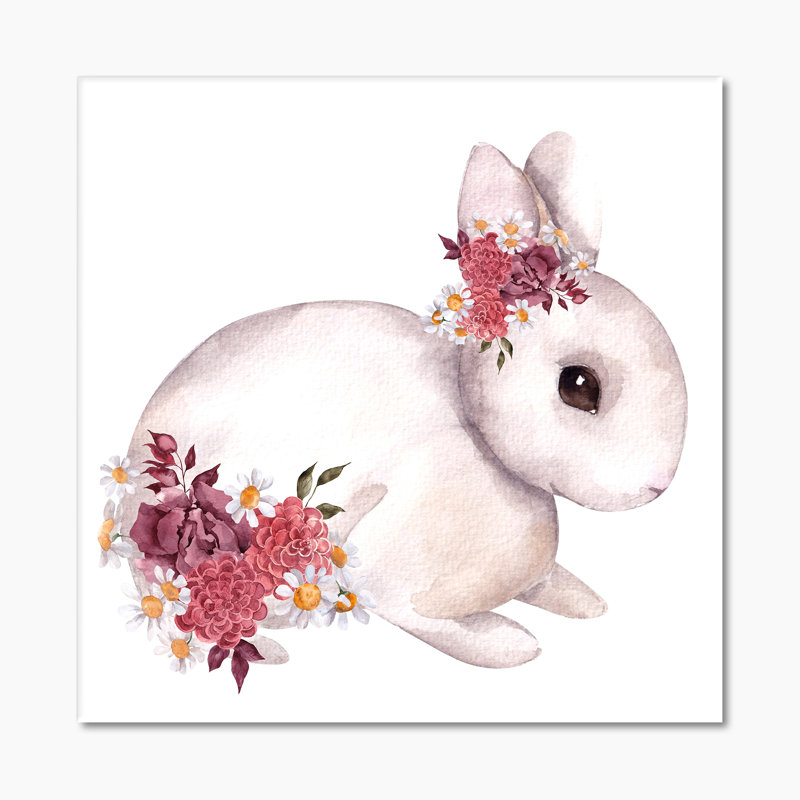 Mignon lapin et fleurs et feuilles d'automne - Peinture sur toile, H 30 po x l 30 po x P 1 po, Toile tendue
