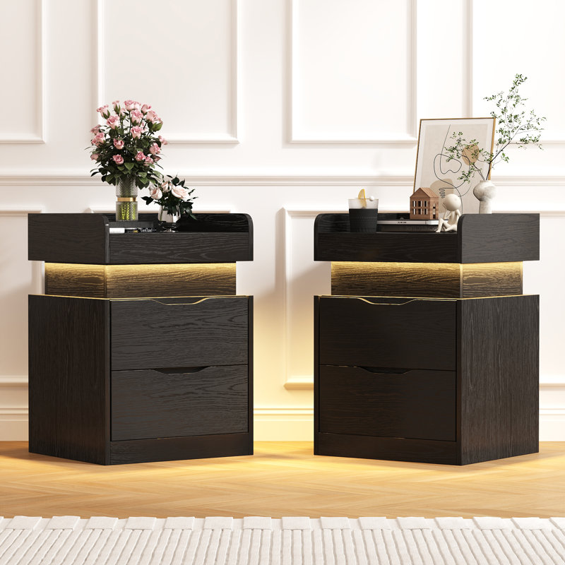 Grande table de chevet moderne en bois 30,1 po à 2 tiroirs avec éclairage et rangement RVB 22 couleurs Lumina (ensemble de 2)