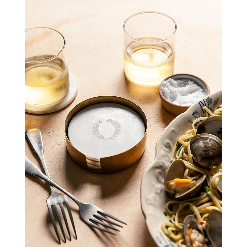 Laurel Marble Round Coaster Set With Holder